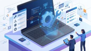 Современная иллюстрация ноутбука Lenovo с акцентом на тачпад для статьи о поиске драйверов