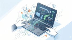 Современная иллюстрация ноутбука Lenovo с акцентом на тачпад для статьи об обновлении драйверов.